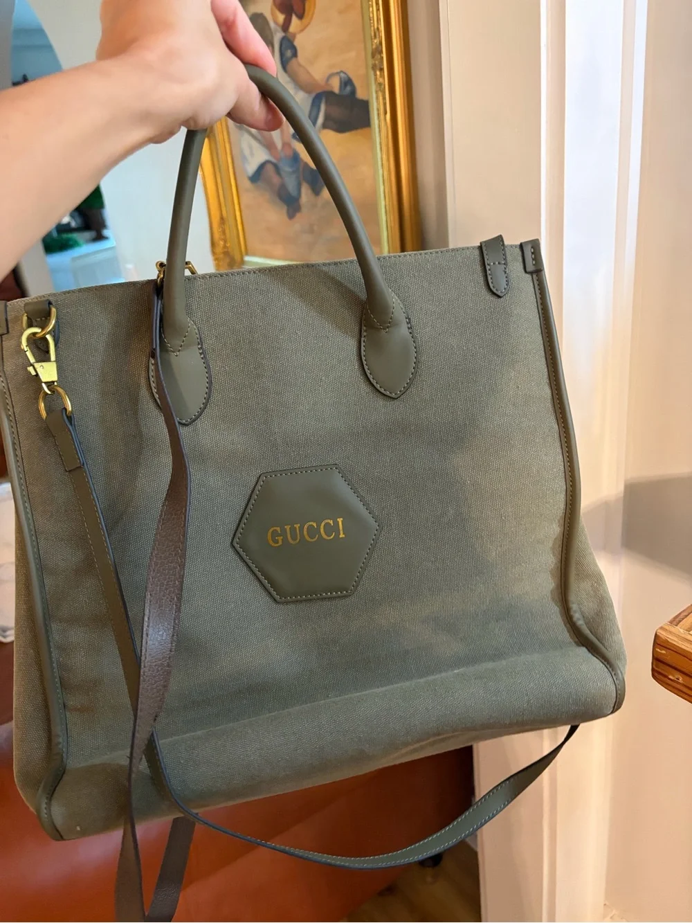 Gucci Olive Green Canvas Logo Tote with Brown Strap - Picture 4 of 5